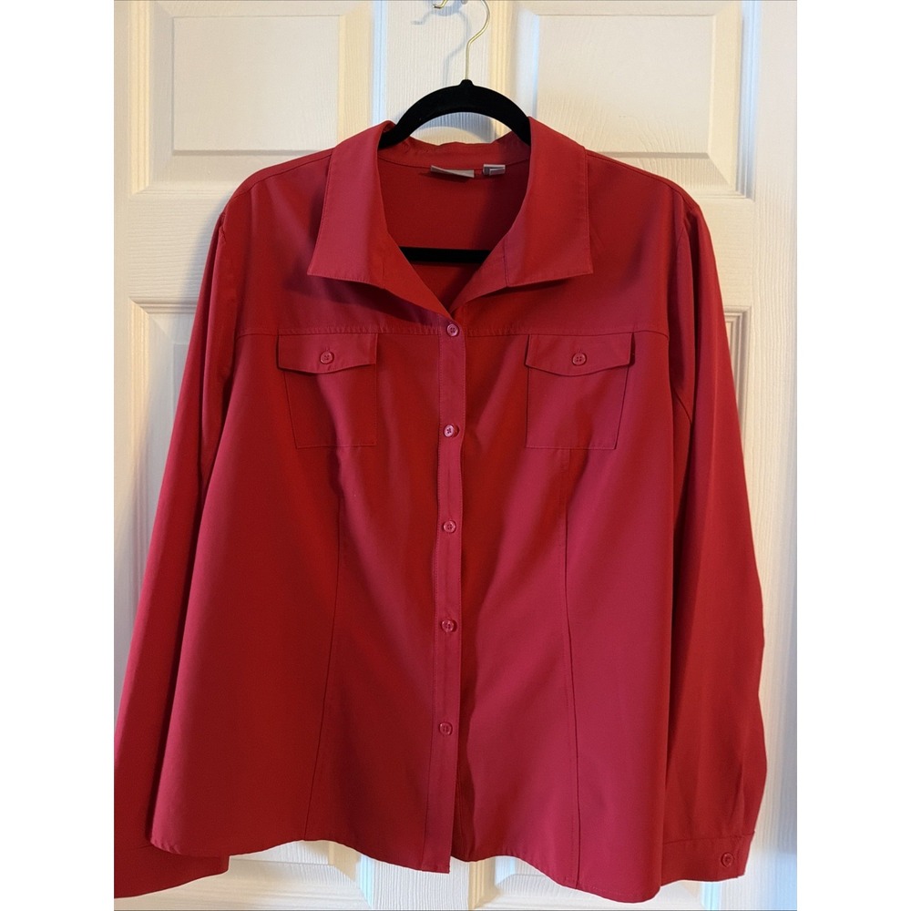 CHICO'S Sz 3 XL Red Lightweight Tunic Shirt Button Front Pockets Easy Care
